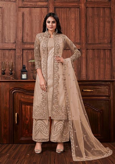 Beige Embroidered Net Kurta Set