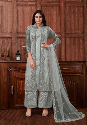 Grey Embroidered Net Kurta Set