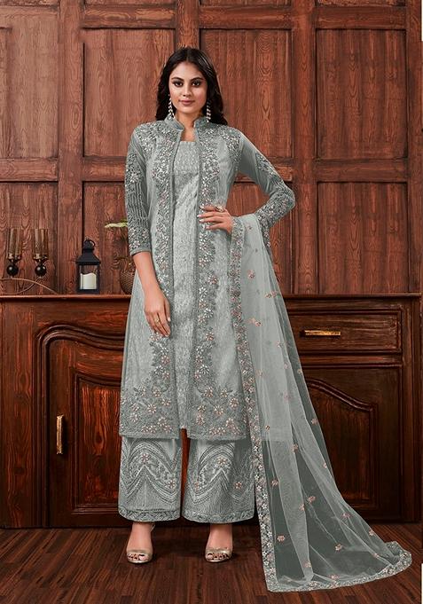 Grey Embroidered Net Kurta Set