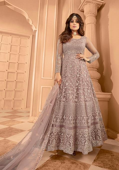 Mauve Embroidered Net Kurta Set