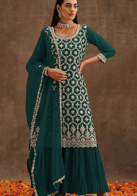 Dark Green Embroidered Georgette Kurta Set