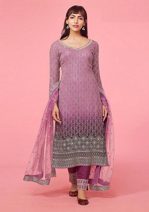 Pink Embroidered Faux Georgette Kurta Set