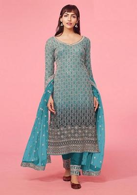 Sky Blue Embroidered Faux Georgette Kurta Set