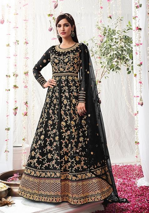 Black Embroidered Net Anarkali Gown Set