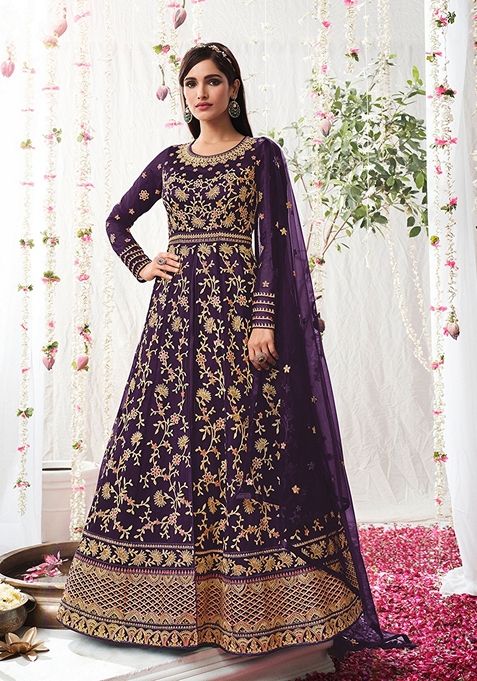 Dark Violet Embroidered Net Anarkali Gown Set