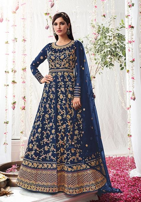 Navy Blue Embroidered Net Anarkali Gown Set