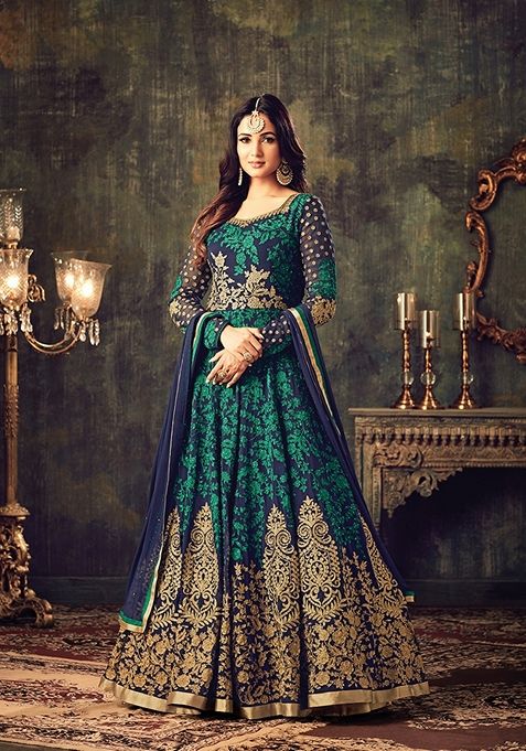 Navy Blue Embroidered Georgette Anarkali Gown Set