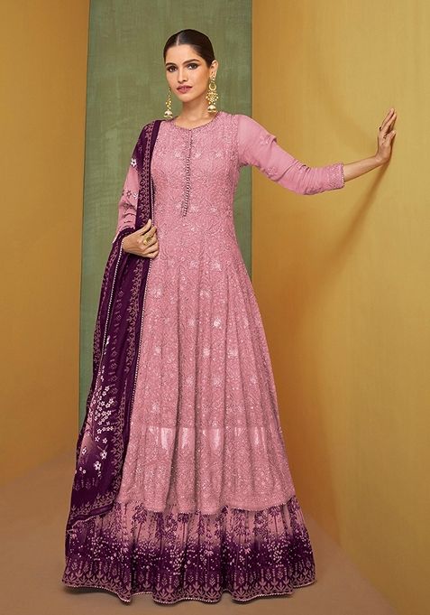 Pink Embroidered Faux Georgette Anarkali Gown Set