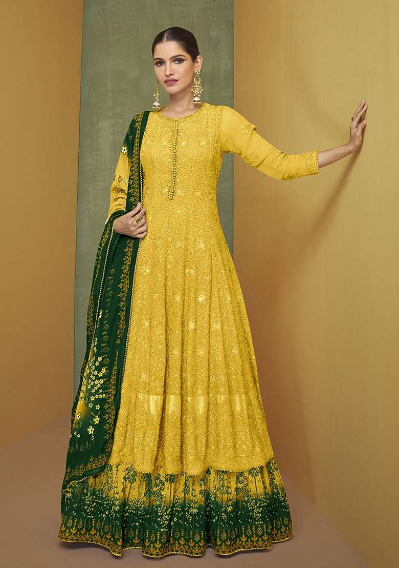 Yellow Embroidered Georgette Anarkali Set - Indya