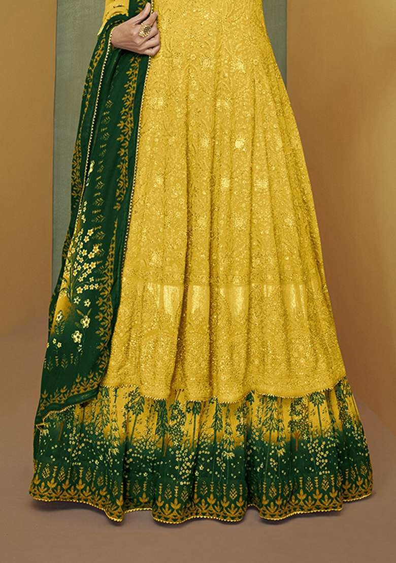 Yellow Embroidered Georgette Anarkali Set - Indya