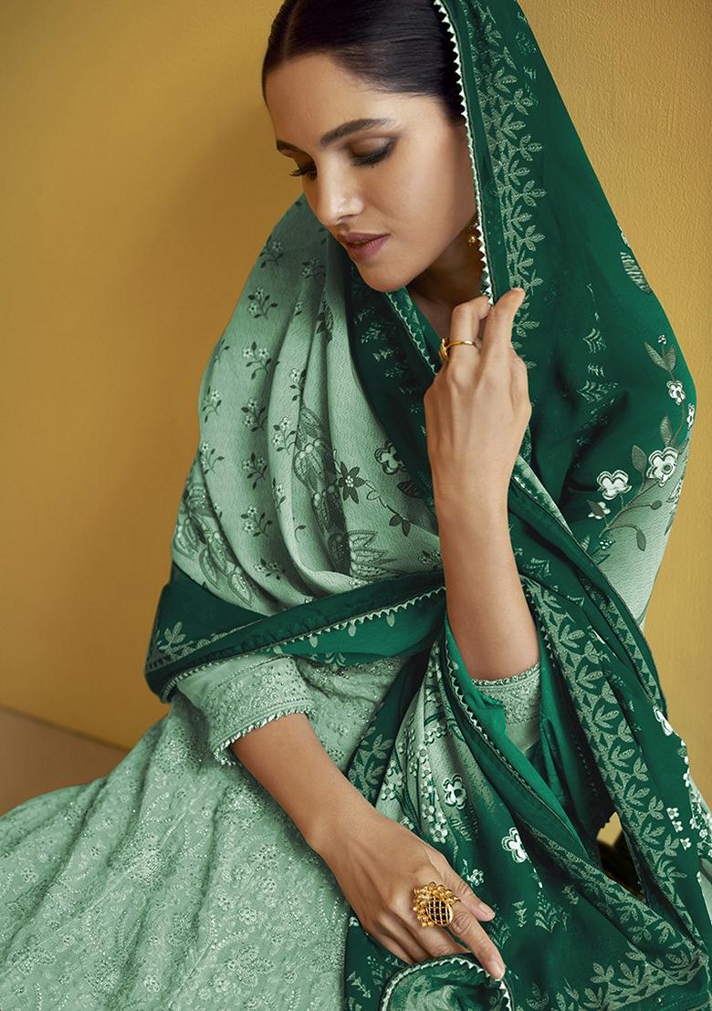 Sea Green Embroidered Faux Georgette Anarkali Gown Set