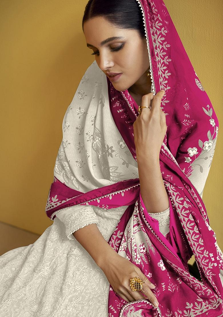 Off White Embroidered Faux Georgette Anarkali Gown Set