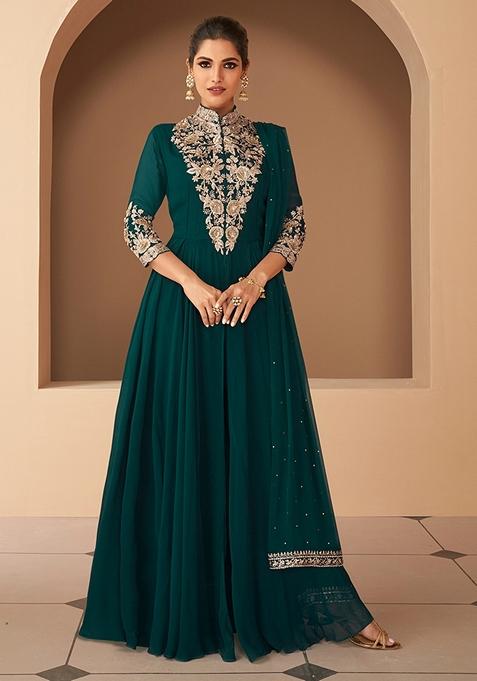 Dark Green Embroidered Pure Georgette Kurta Set