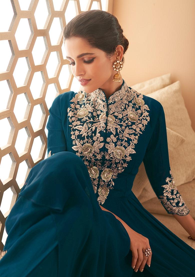 Teal Blue Embroidered Pure Georgette Kurta Set