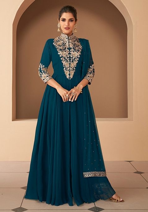 Teal Blue Embroidered Pure Georgette Kurta Set