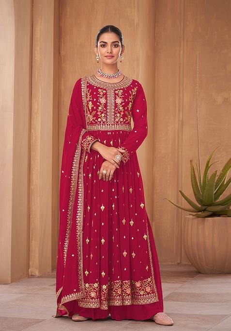 Maroon Embroidered Pure Georgette Kurta Set