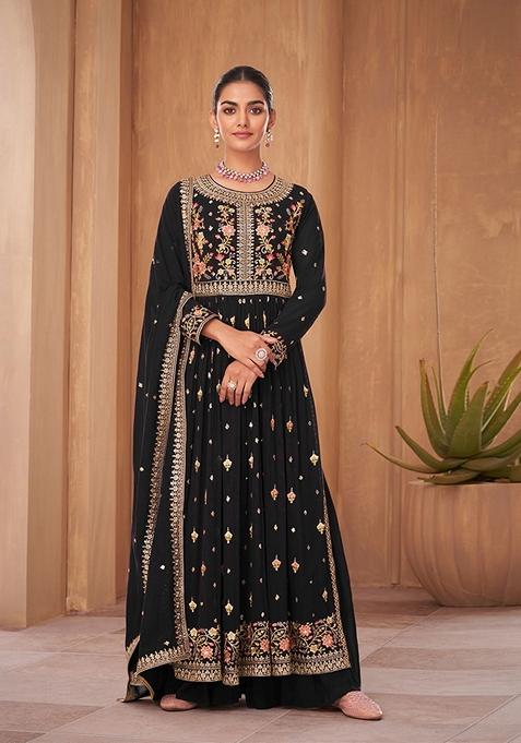 Black Embroidered Pure Georgette Kurta Set