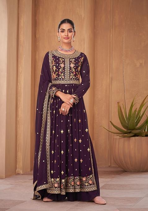 Dark Violet Embroidered Pure Georgette Kurta Set