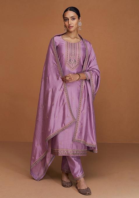 Lavender Embroidered Silk Kurta Set