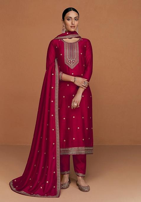 Rani Pink Embroidered Silk Kurta Set