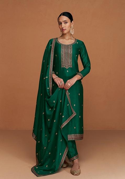 Dark Green Embroidered Silk Kurta Set