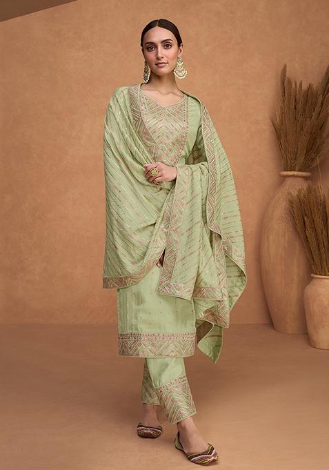 Olive Embroidered Silk Kurta Set