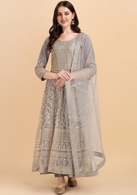 Grey Embroidered Net Kurta Set