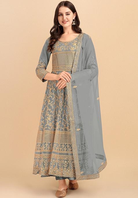 Slate Grey Embroidered Net Kurta Set