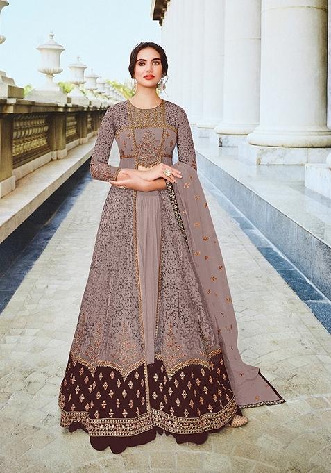 Grey Embroidered Net Kurta Set