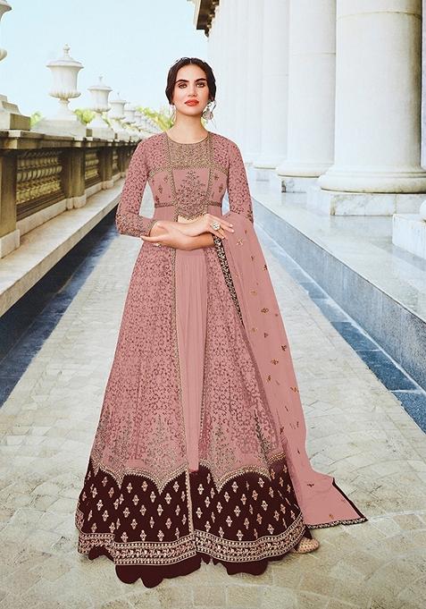 Dusty Pink Embroidered Net Kurta Set