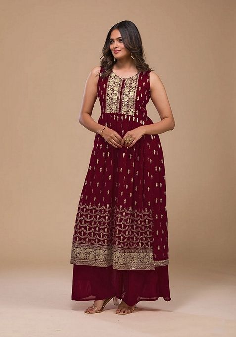 Wine Embroidered Georgette Kurta Set