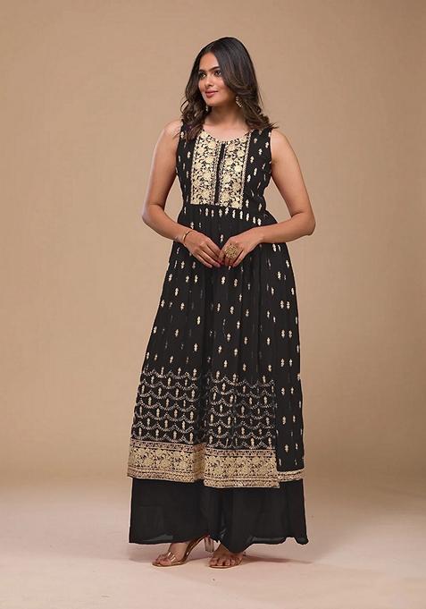 Black Embroidered Georgette Kurta Set