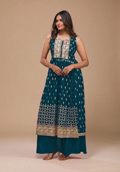 Dark Blue Embroidered Georgette Kurta Set