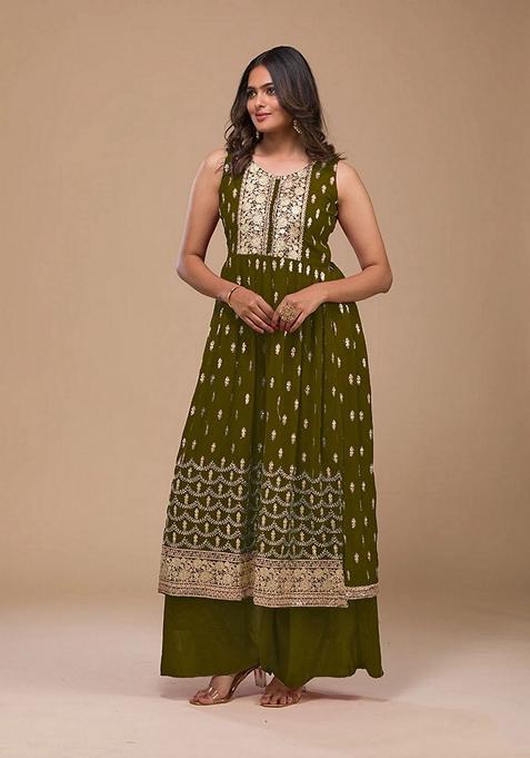 Olive Embroidered Georgette Kurta Set