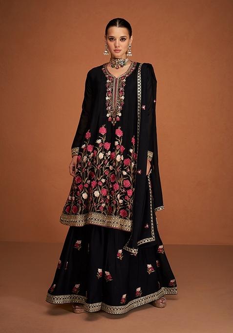 Black Embroidered Georgette Kurta Set