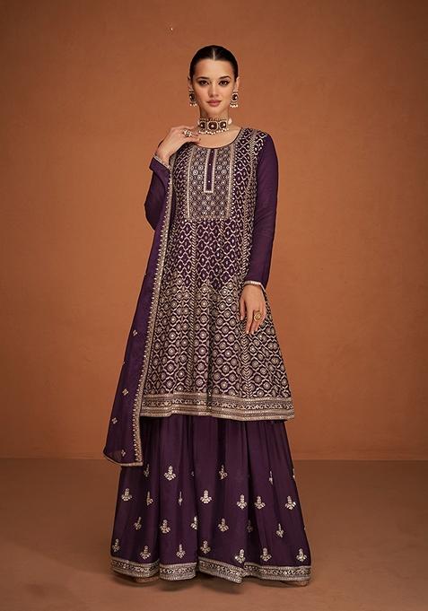 Dark Violet Embroidered Georgette Kurta Set