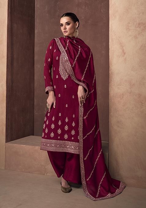 Wine Embroidered Silk Kurta Set