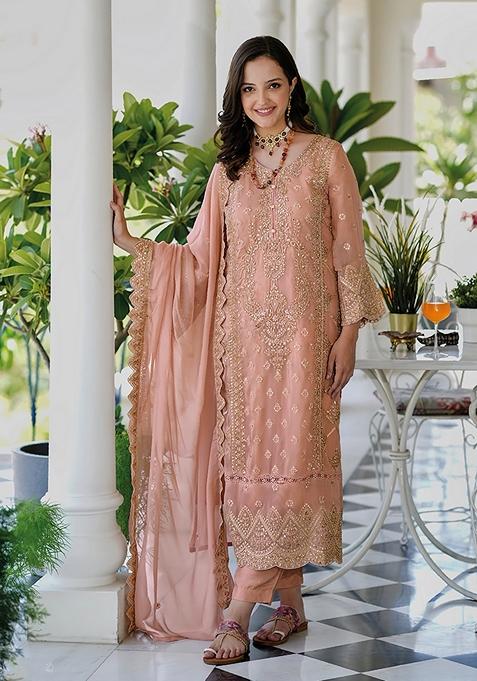 Peach Embroidered Organza Kurta Set