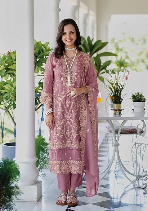 Pink Embroidered Organza Kurta Set