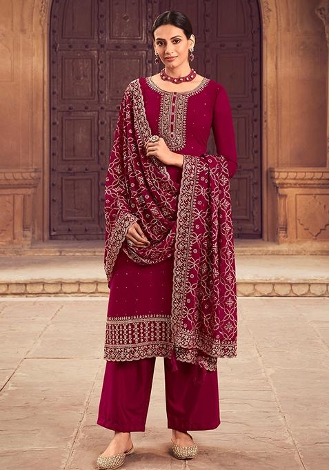 Maroon Embroidered Georgette Kurta Set