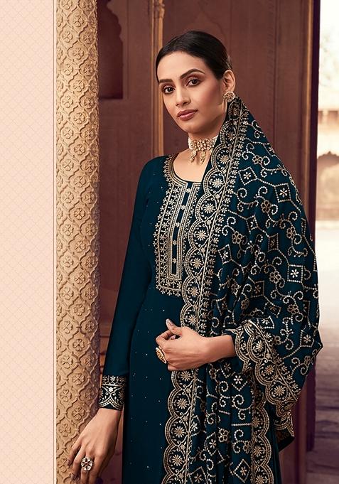 Babyhug Full Sleeve Georgette Embroidered Kurta with Pyjama Set- Teal main image 0
