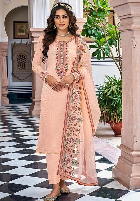 Peach Embroidered Faux Georgette Kurta Set