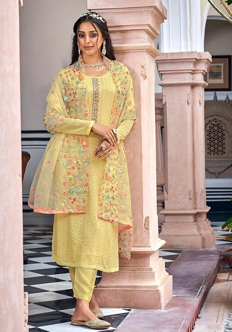 Yellow Embroidered Faux Georgette Kurta Set