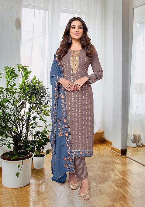 Mauve Embroidered Georgette Kurta Set