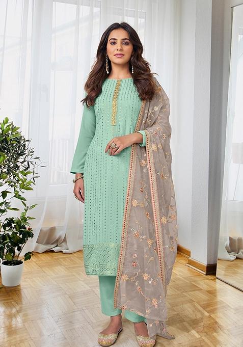 Sky Blue Embroidered Georgette Kurta Set