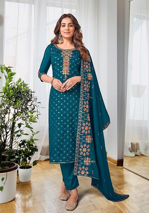 Teal Blue Embroidered Georgette Kurta Set