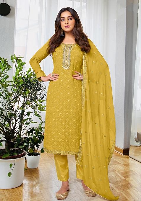 Mustard Embroidered Georgette Kurta Set