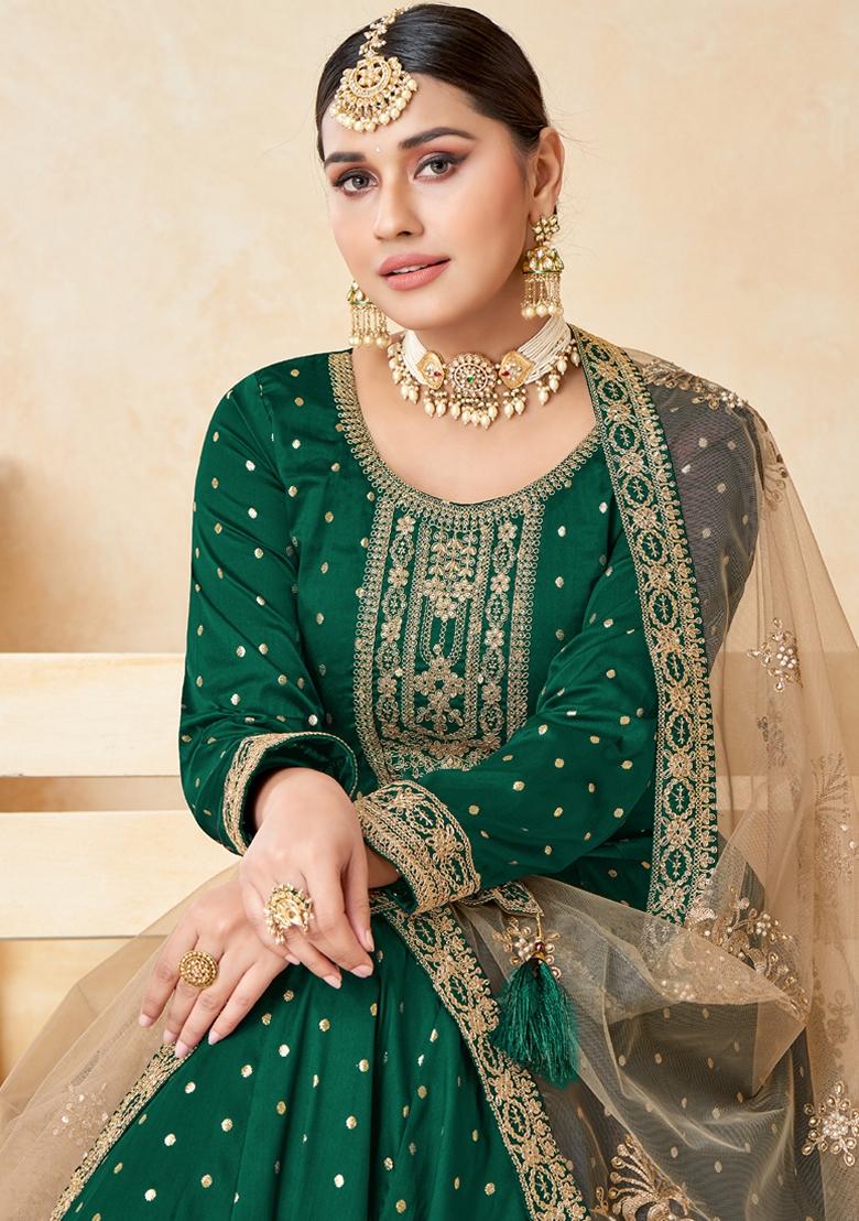 Green Embroidered Silk Anarkali Gown Set - Indya