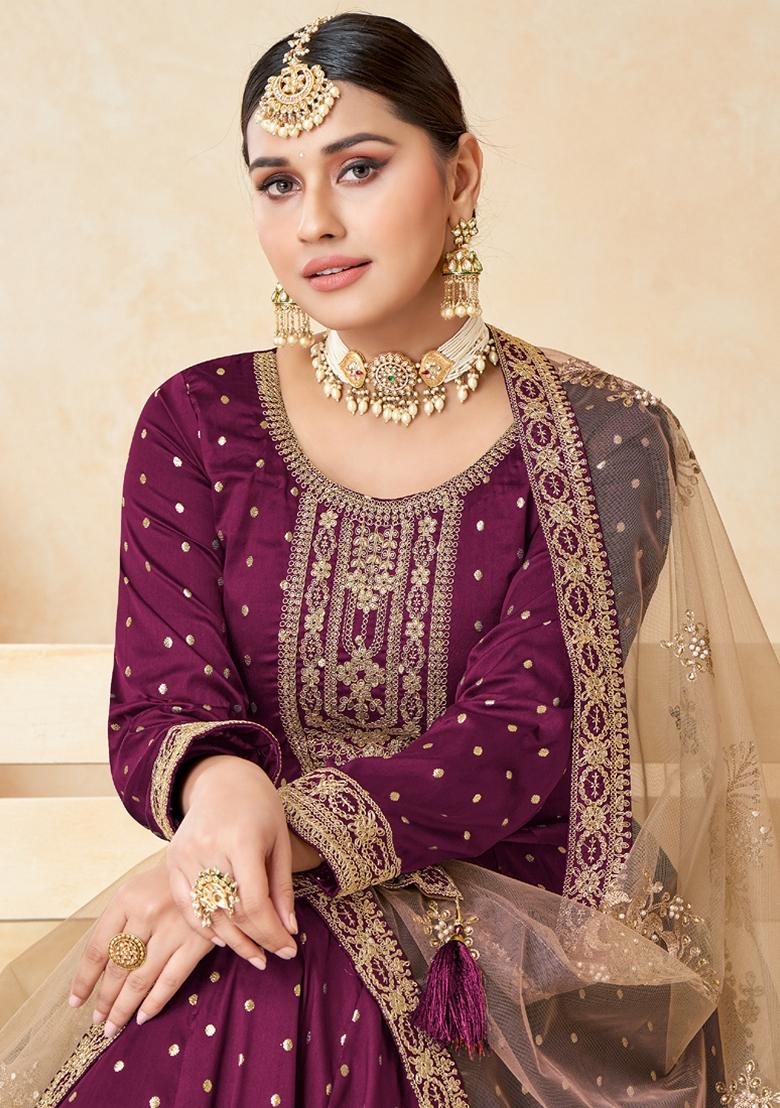 Wine Embroidered Silk Anarkali Gown Set