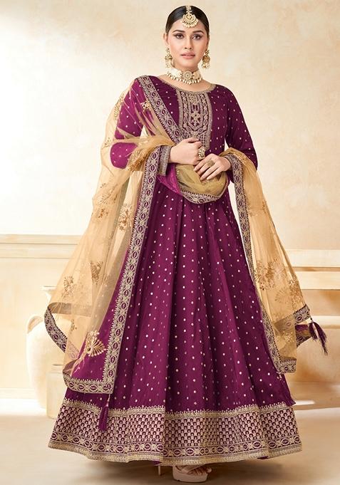 Wine Embroidered Silk Anarkali Gown Set